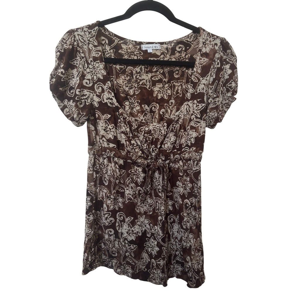 Y2K Sharanel Brown Floral Batik Rayon Empire Waist Tie Front Tunic Top Large